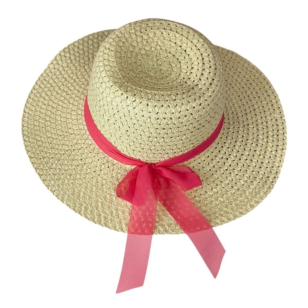 Straw Sun Beach Hat with Wide Brim Boho Chic Pink Coral Ribbon Bow Women OS - Picture 6 of 16